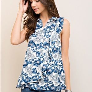 Blue Floral Ruffle Top